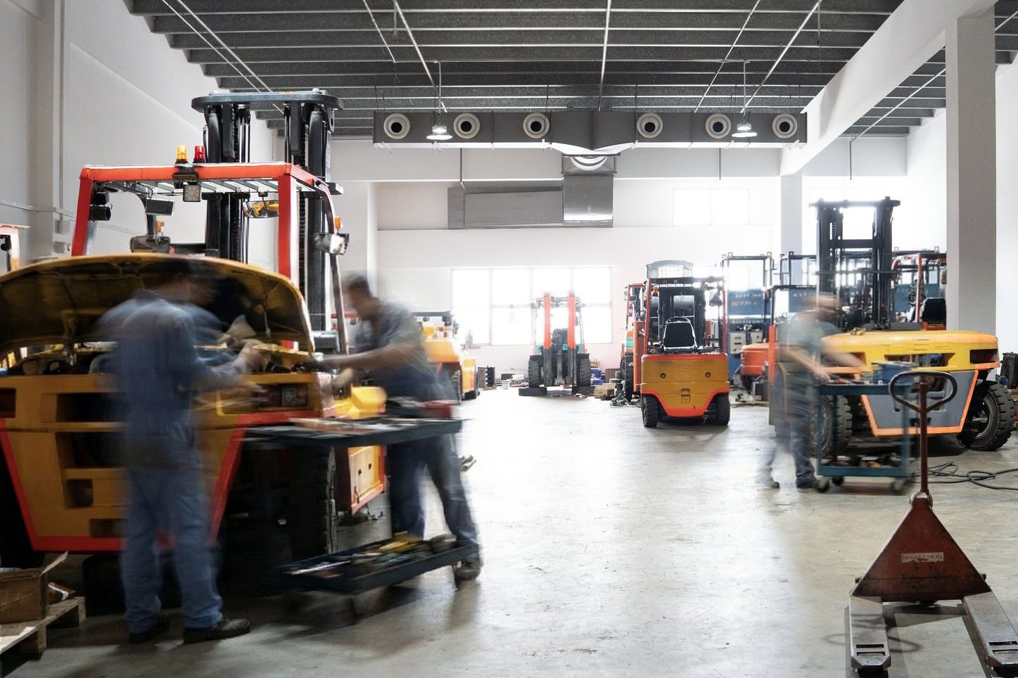 Fleet of electric and diesel forklifts at LB Industrial forklift centre, Tuas Avenue 3, Singapore